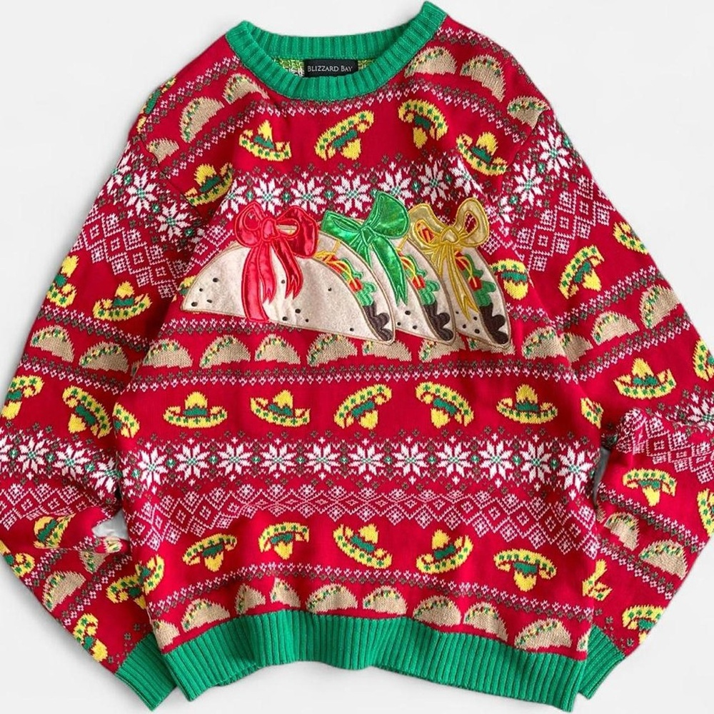 Blizzard Bay Fun Kitschy Knit Christmas Taco Sweater S